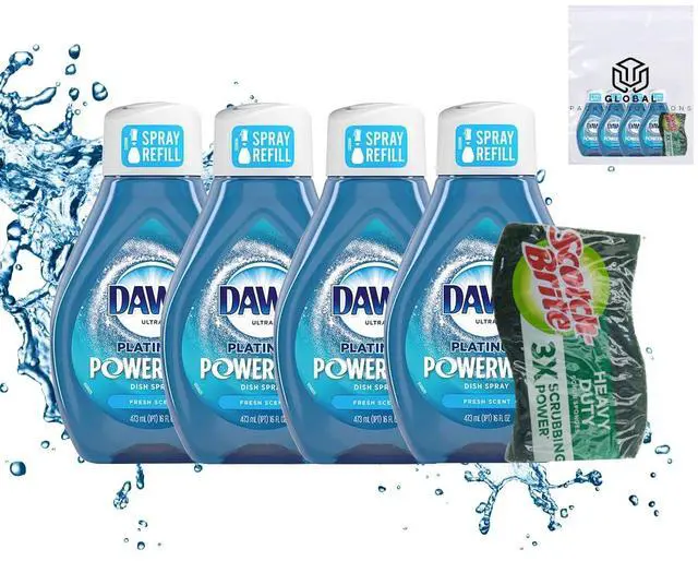 Main image of Dawn Powerwash Spray Refill Dish Soap, 4 Pack 16 Fl Oz Dawn Platinum Fresh Scent Dishwashing Liquid, Heavy Duty Power Wash Refills Bundle with Scotch-Brite Heavy Duty Scrub Sponge