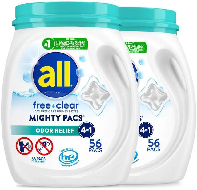 Main image of all free clear MIGHTY PACS Odor Relief, Laundry Detergent Pacs, 56 Count (Pack of 2), Unscented and Hypoallergenic for Sensitive Skin, Dermatologist Tested, HE Safe