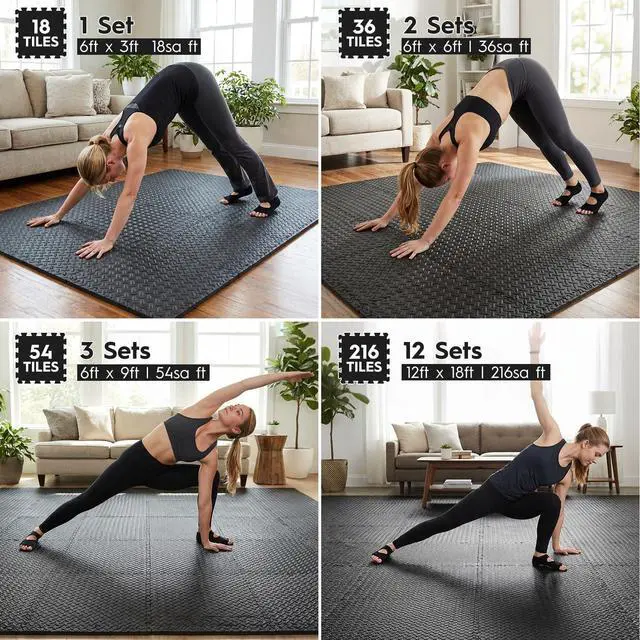 Alt view image 4 of 7 - Haulcove 18pcs Puzzle Exercise Mat, 12.6"x12.6"x0.4", 18sqft EVA Interlocking Foam Floor Tiles, Protective, Water-Resistant Flooring for Home Gym & Workout Equipment, Black
