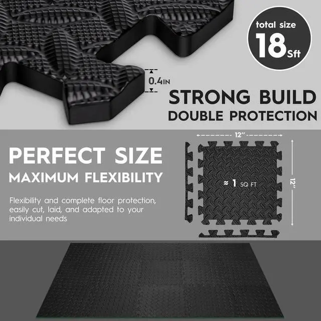 Alt view image 5 of 7 - Haulcove 18pcs Puzzle Exercise Mat, 12.6"x12.6"x0.4", 18sqft EVA Interlocking Foam Floor Tiles, Protective, Water-Resistant Flooring for Home Gym & Workout Equipment, Black