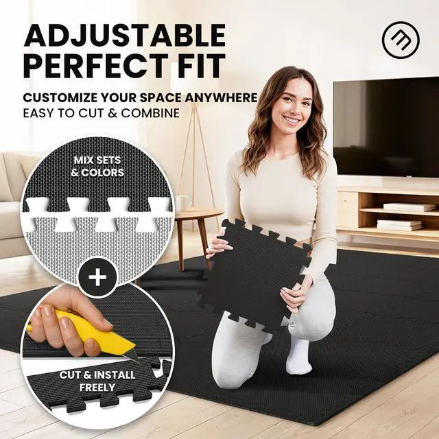 Alt view image 4 of 7 - bemaxx Gym Mats Set - 18 pcs EVA Interlocking Foam Floor Tiles (12.6"x12.6"x0.4") 18sqft Protective Gym Flooring Sports Home Workout Exercise Mats Puzzle Garage Fitness Play-Room Pool Treadmill Bike