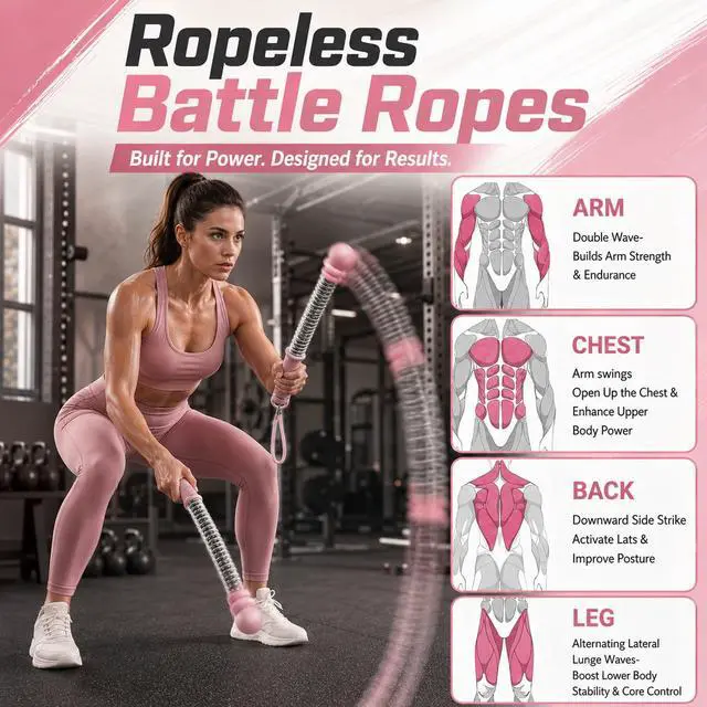 Alt view image 2 of 7 - GOOGO Upgraded Ropeless Battle Ropes (Pair), Adjustable Resistance Workout Equipment with Steel ABS TPR Handles, Compact Low-Impact Cardio Trainer for Home Gym, HIIT, Strength Training, Pink