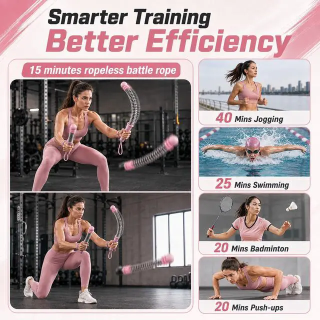Alt view image 5 of 7 - GOOGO Upgraded Ropeless Battle Ropes (Pair), Adjustable Resistance Workout Equipment with Steel ABS TPR Handles, Compact Low-Impact Cardio Trainer for Home Gym, HIIT, Strength Training, Pink