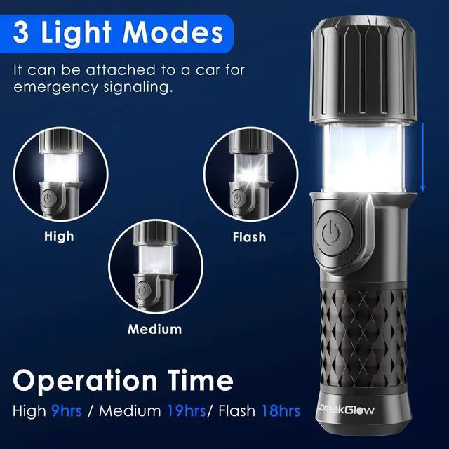 Alt view image 6 of 7 - LomakGlow Multi-Function Hand-Powered LED Flashlight, IPX4 Waterproof, Magnetic Base, 3 Lighting Modes, Collapsible & Handheld for Home, Camping, and Hiking