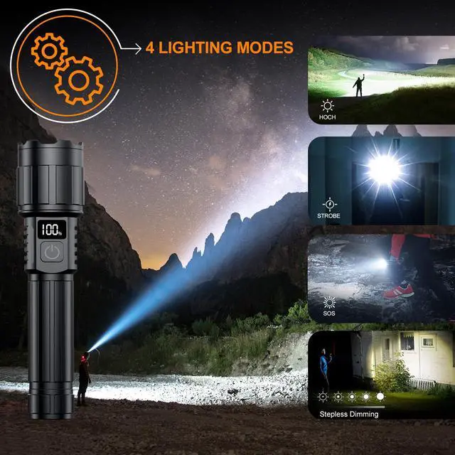 Alt view image 4 of 7 - Relybo LED Flashlight Rechargeable 20000 High Lumens, Long Range & 12H Runtime | Super Bright Flashlights USB C, Stepless Dimming with LCD Display High Powerd Flash Light for Home Camping Emergency