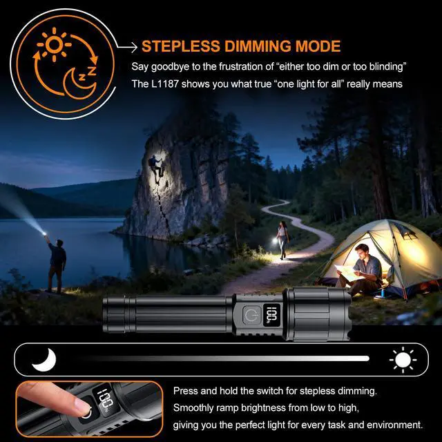 Alt view image 3 of 7 - Relybo LED Flashlight Rechargeable 20000 High Lumens, Long Range & 12H Runtime | Super Bright Flashlights USB C, Stepless Dimming with LCD Display High Powerd Flash Light for Home Camping Emergency