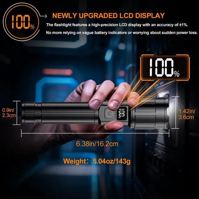Alt view image 6 of 7 - Relybo LED Flashlight Rechargeable 20000 High Lumens, Long Range & 12H Runtime | Super Bright Flashlights USB C, Stepless Dimming with LCD Display High Powerd Flash Light for Home Camping Emergency