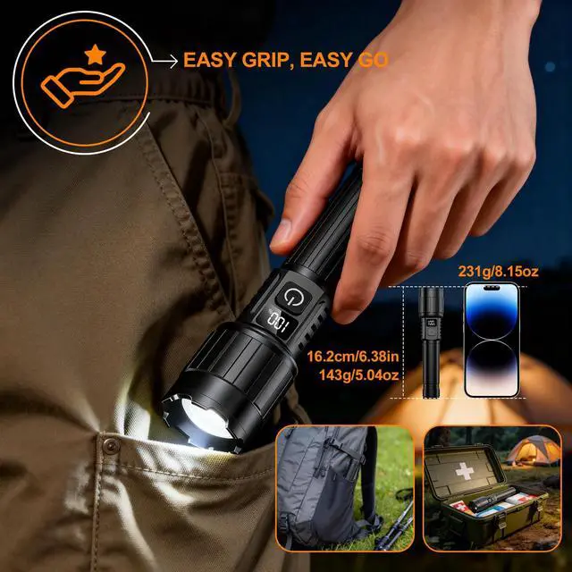 Alt view image 5 of 7 - Relybo LED Flashlight Rechargeable 20000 High Lumens, Long Range & 12H Runtime | Super Bright Flashlights USB C, Stepless Dimming with LCD Display High Powerd Flash Light for Home Camping Emergency