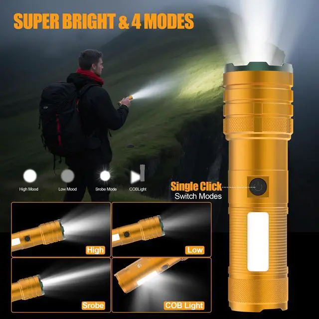 Alt view image 2 of 6 - limalnicy Rechargeable Flashlights High Lumens 100,000 Long Lasting, 4 Modes with Side COB Light, Super Bright LED Flashlight USB C Input & Output, Powerful Strong Flash Light for Hiking Camping