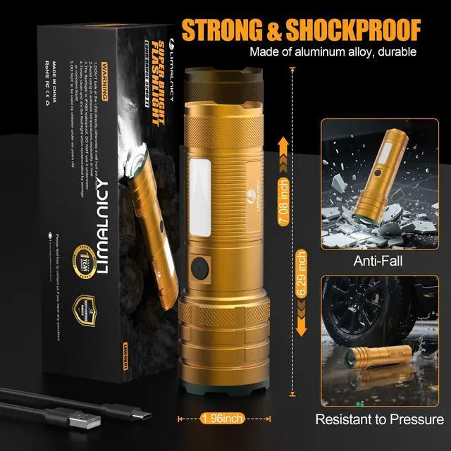 Alt view image 6 of 6 - limalnicy Rechargeable Flashlights High Lumens 100,000 Long Lasting, 4 Modes with Side COB Light, Super Bright LED Flashlight USB C Input & Output, Powerful Strong Flash Light for Hiking Camping