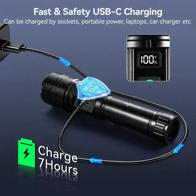 Alt view image 2 of 7 - VAVOFO Rechargeable LED Flashlight High Lumens, 5 Modes Tactical Flashlight with Zoomable Bright Light, USB C Flashlight for Camping Hiking Emergency
