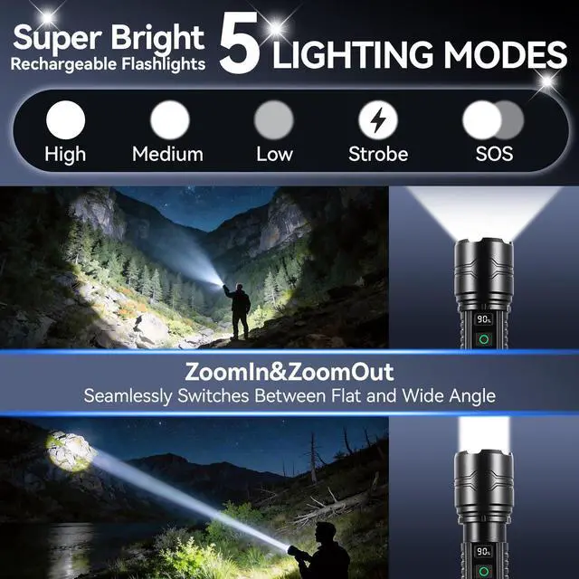 Alt view image 4 of 7 - VAVOFO Rechargeable LED Flashlight High Lumens, 5 Modes Tactical Flashlight with Zoomable Bright Light, USB C Flashlight for Camping Hiking Emergency