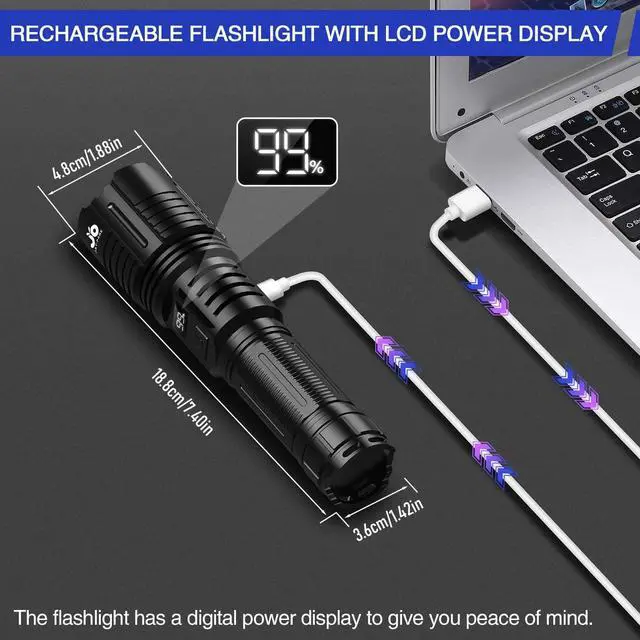 Alt view image 4 of 7 - JAY-PARK Rechargeable Flashlights 100000 Lumen, LED Flashlight with Digital Power Display and Zoomable, Flashlights High Lumen Super Bright Long Distance for Camping, bushcraft, Outdoor