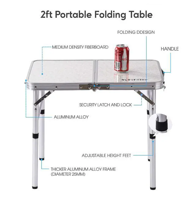 Alt view image 3 of 6 - Folding Camp Table Small, 24''L x16''W with Adjustable Height Legs, Indoor Outdoor Lightweight Portable Aluminum Dining Table for Picnic Camping 2-Feet2 Heights 10"/19"
