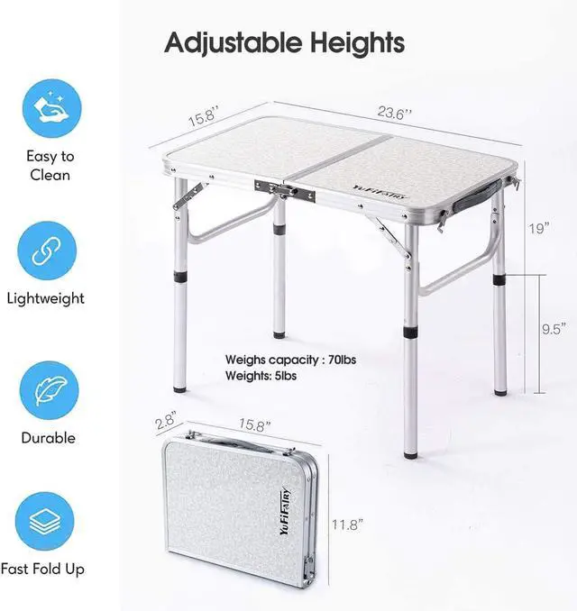 Alt view image 4 of 6 - Folding Camp Table Small, 24''L x16''W with Adjustable Height Legs, Indoor Outdoor Lightweight Portable Aluminum Dining Table for Picnic Camping 2-Feet2 Heights 10"/19"