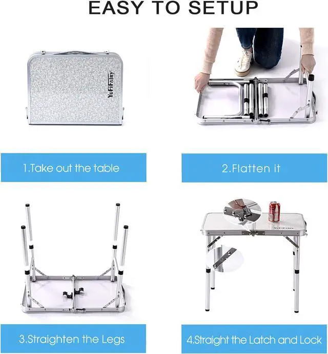 Alt view image 5 of 6 - Folding Camp Table Small, 24''L x16''W with Adjustable Height Legs, Indoor Outdoor Lightweight Portable Aluminum Dining Table for Picnic Camping 2-Feet2 Heights 10"/19"