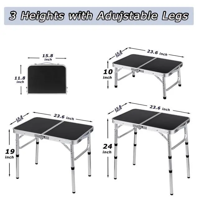 Alt view image 3 of 7 - YihuiKo Folding Camping Table, Adjustable Height Folding Table, Portable Aluminum Small Folding Table with Carry Handle for Picnic, BBQ, Indoor, Office
