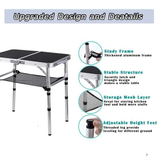 Alt view image 4 of 7 - YihuiKo Folding Camping Table, Adjustable Height Folding Table, Portable Aluminum Small Folding Table with Carry Handle for Picnic, BBQ, Indoor, Office
