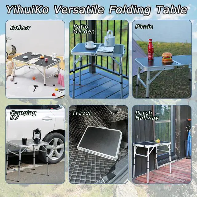Alt view image 6 of 7 - YihuiKo Folding Camping Table, Adjustable Height Folding Table, Portable Aluminum Small Folding Table with Carry Handle for Picnic, BBQ, Indoor, Office