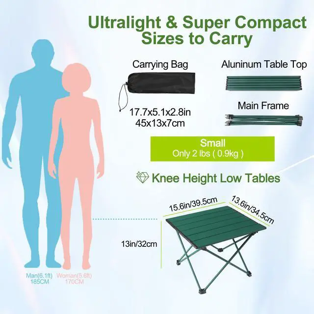 Alt view image 2 of 7 - Tesouro Portable Camping Table,Folding Side Table Aluminum Top for Outdoor Cooking, Hiking, Travel, Picnic (Blackish Green-Small)
