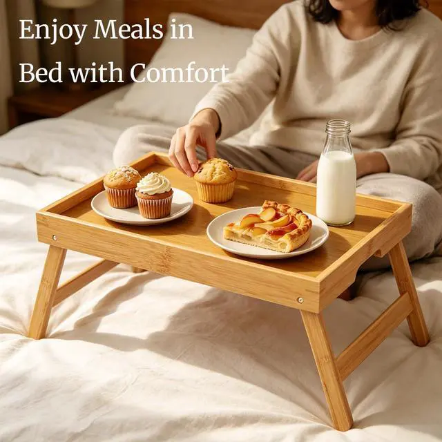 Alt view image 2 of 7 - Fibogollo 2 Pack Bamboo Bed Tray Table with Folding Legs,Breakfast Trays,Serving Tray for Food and Snack,Laptop Trays for Working(Natural)