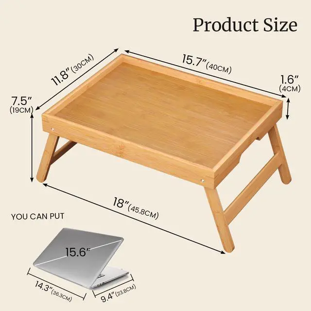 Alt view image 4 of 7 - Fibogollo 2 Pack Bamboo Bed Tray Table with Folding Legs,Breakfast Trays,Serving Tray for Food and Snack,Laptop Trays for Working(Natural)