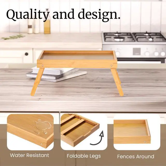 Alt view image 3 of 7 - Fibogollo 2 Pack Bamboo Bed Tray Table with Folding Legs,Breakfast Trays,Serving Tray for Food and Snack,Laptop Trays for Working(Natural)