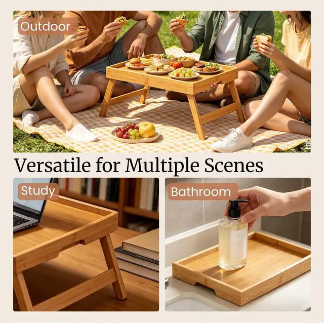 Alt view image 5 of 7 - Fibogollo 2 Pack Bamboo Bed Tray Table with Folding Legs,Breakfast Trays,Serving Tray for Food and Snack,Laptop Trays for Working(Natural)