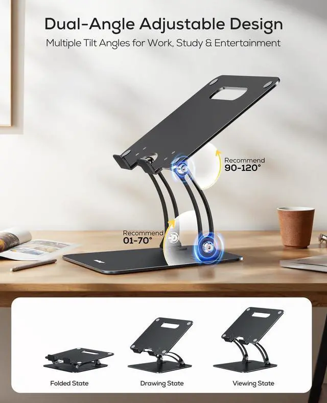 Alt view image 4 of 7 - Nulaxy Fully Adjustable Laptop Stand for Desk, Dual Foldable Computer Riser with Heat-Vent, Ergonomic Notebook Holder Portable Office Accessories Compatible with Most Laptops, Black