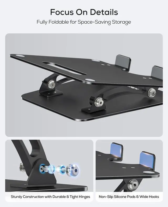 Alt view image 6 of 7 - Nulaxy Fully Adjustable Laptop Stand for Desk, Dual Foldable Computer Riser with Heat-Vent, Ergonomic Notebook Holder Portable Office Accessories Compatible with Most Laptops, Black