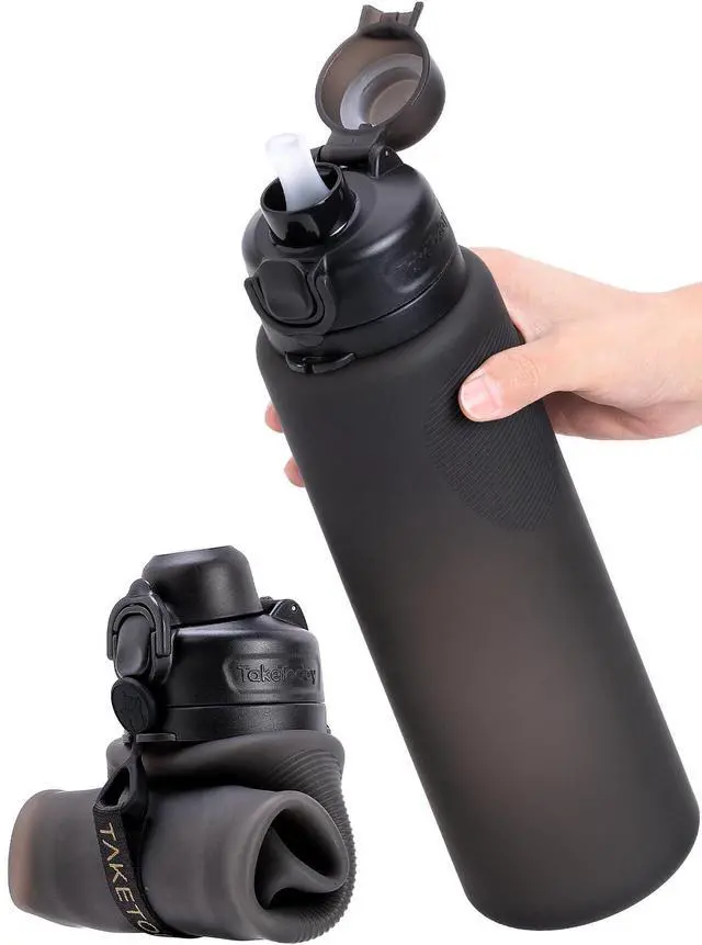 Main image of TakeToday Collapsible Water Bottles 32oz, Foldable Travel Bottle, TSA-Approved Leakproof Newly Silicone Water Bottle for Hiking, Travel, Outdoors, Black
