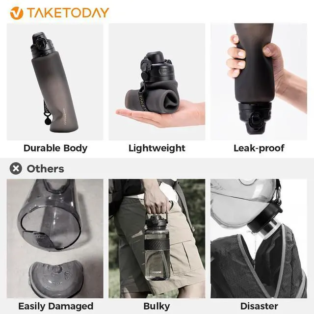 Alt view image 2 of 7 - TakeToday Collapsible Water Bottles 32oz, Foldable Travel Bottle, TSA-Approved Leakproof Newly Silicone Water Bottle for Hiking, Travel, Outdoors, Black