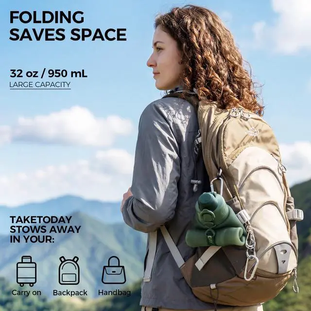 Alt view image 3 of 7 - TakeToday Collapsible Water Bottles 32oz, Foldable Travel Bottle, TSA-Approved Leakproof Newly Silicone Water Bottle for Hiking, Travel, Outdoors, Black
