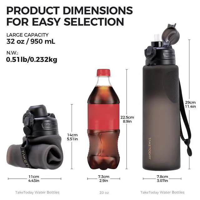 Alt view image 7 of 7 - TakeToday Collapsible Water Bottles 32oz, Foldable Travel Bottle, TSA-Approved Leakproof Newly Silicone Water Bottle for Hiking, Travel, Outdoors, Black