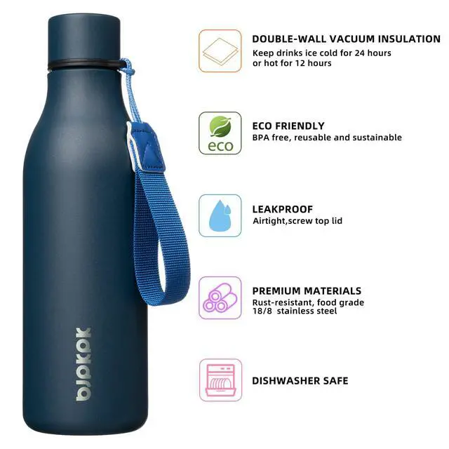 Alt view image 2 of 6 - BJPKPK Insulated Water Bottles, 18 oz Stainless Steel Metal Water Bottle with Strap, BPA Free Leak Proof Jugs, Mugs, Flasks, Reusable Thermal Flasks for Sports & Travel, Navy Blue