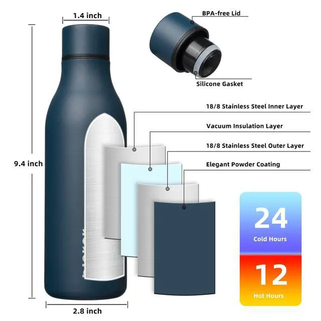 Alt view image 3 of 6 - BJPKPK Insulated Water Bottles, 18 oz Stainless Steel Metal Water Bottle with Strap, BPA Free Leak Proof Jugs, Mugs, Flasks, Reusable Thermal Flasks for Sports & Travel, Navy Blue