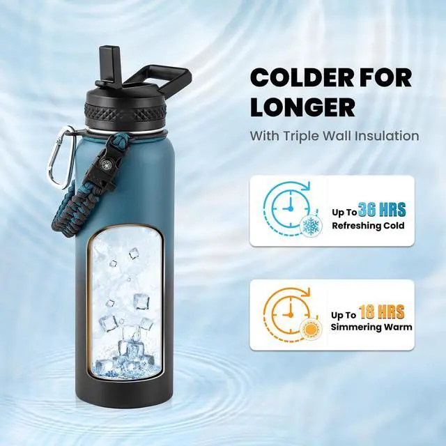 Alt view image 2 of 7 - RAYMYLO Insulated Water Bottle 40 oz, Triple Wall Vacuum Stainless Steel (Cold for 36Hrs, Hot for 18Hrs), Leak Proof & Non-BPA, Modern Water Flask Jug with Paracord Handle & Straw Spout Lids