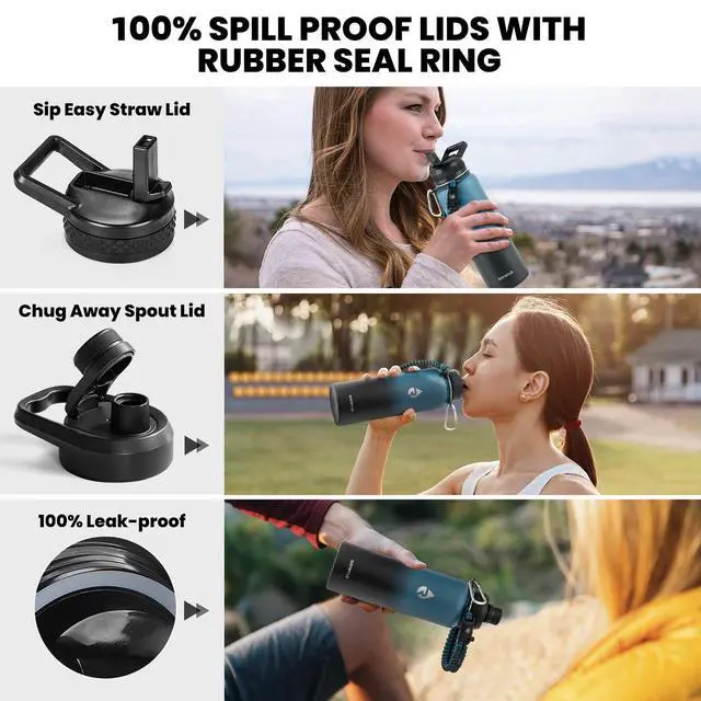 Alt view image 3 of 7 - RAYMYLO Insulated Water Bottle 40 oz, Triple Wall Vacuum Stainless Steel (Cold for 36Hrs, Hot for 18Hrs), Leak Proof & Non-BPA, Modern Water Flask Jug with Paracord Handle & Straw Spout Lids