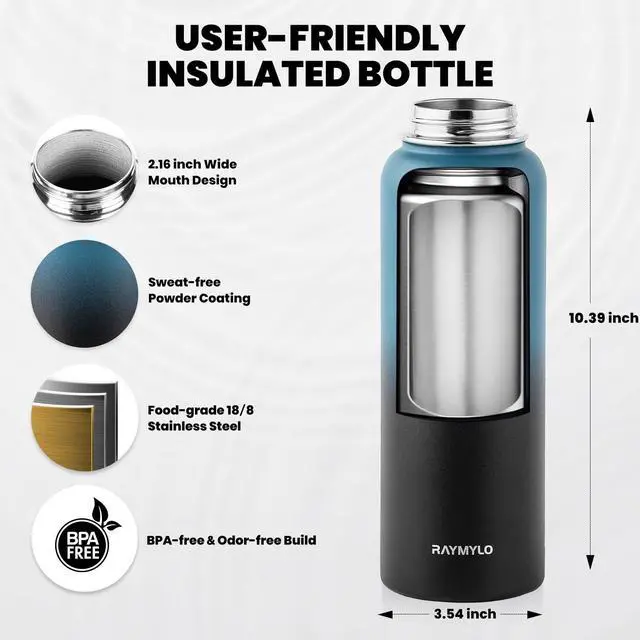 Alt view image 5 of 7 - RAYMYLO Insulated Water Bottle 40 oz, Triple Wall Vacuum Stainless Steel (Cold for 36Hrs, Hot for 18Hrs), Leak Proof & Non-BPA, Modern Water Flask Jug with Paracord Handle & Straw Spout Lids