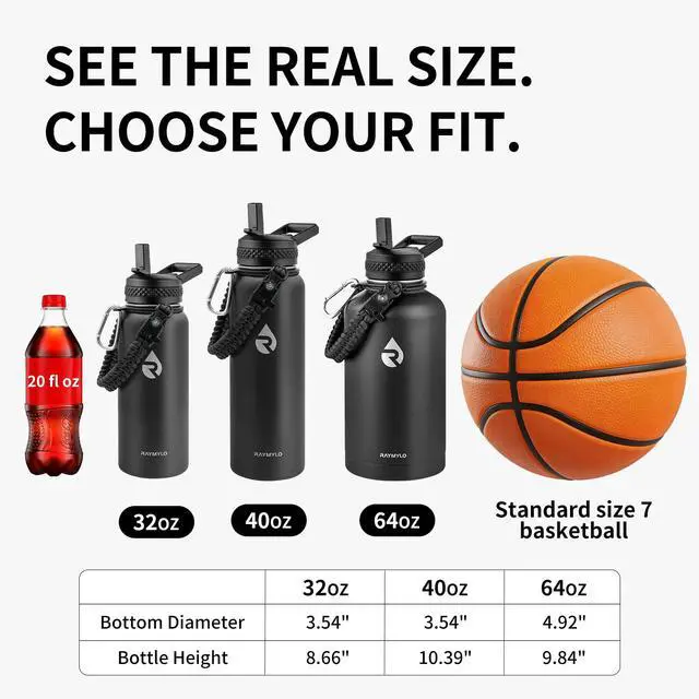 Alt view image 6 of 7 - RAYMYLO Insulated Water Bottle 40 oz, Triple Wall Vacuum Stainless Steel (Cold for 36Hrs, Hot for 18Hrs), Leak Proof & Non-BPA, Modern Water Flask Jug with Paracord Handle & Straw Spout Lids