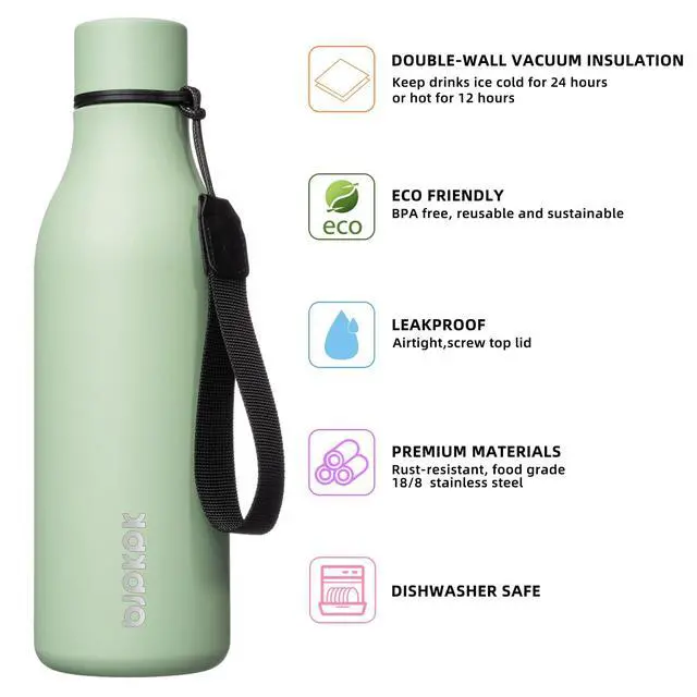 Alt view image 2 of 6 - BJPKPK Insulated Water Bottles, 18 oz Stainless Steel Metal Water Bottle with Strap, BPA Free Leak Proof Jugs, Mugs, Flasks, Reusable Thermal Flasks for Sports & Travel, Macaron Green