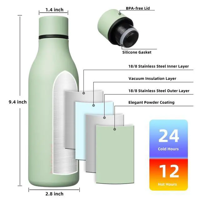Alt view image 3 of 6 - BJPKPK Insulated Water Bottles, 18 oz Stainless Steel Metal Water Bottle with Strap, BPA Free Leak Proof Jugs, Mugs, Flasks, Reusable Thermal Flasks for Sports & Travel, Macaron Green