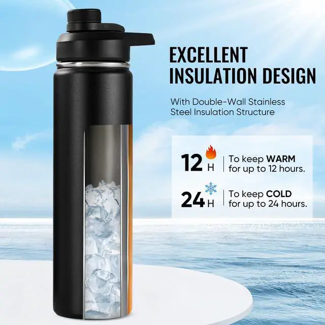 Alt view image 2 of 7 - Fijinhom 24 oz Insulated Water Bottle with Handle, 304 Stainless Steel Water Bottles with Wide Mouth, Double Wall Vacuum Sports Water Bottle, BPA Free, Keep Cold and Hot, Black