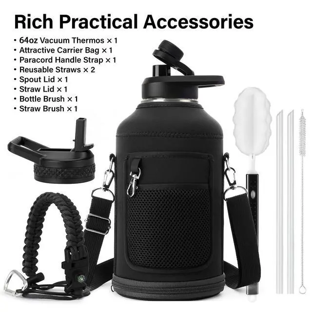 Alt view image 2 of 7 - DYSANKY Insulated Water Bottle | Thickened Stainless Steel Vacuum Metal | Portable Sports Half Gallon Large Water Jug for Gym and Hiking with Straw, Carrier Bag, Handle Strap | BPA-Free 64 oz