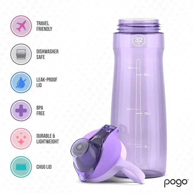 Alt view image 3 of 5 - Pogo 32oz Plastic Water Bottle with Chug Lid and Carry Handle, Reusable, BPA Free, Dishwasher Safe, Perfect for Travel, School, Outdoors, and Gym, Lilac