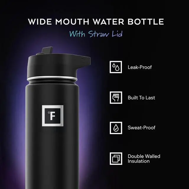 Alt view image 2 of 7 - IRON °FLASK Camping & Hiking Hydration Flask with Straw, Wide Mouth Insulated Stainless Steel Sports Water Bottle - 40 oz Midnight Black