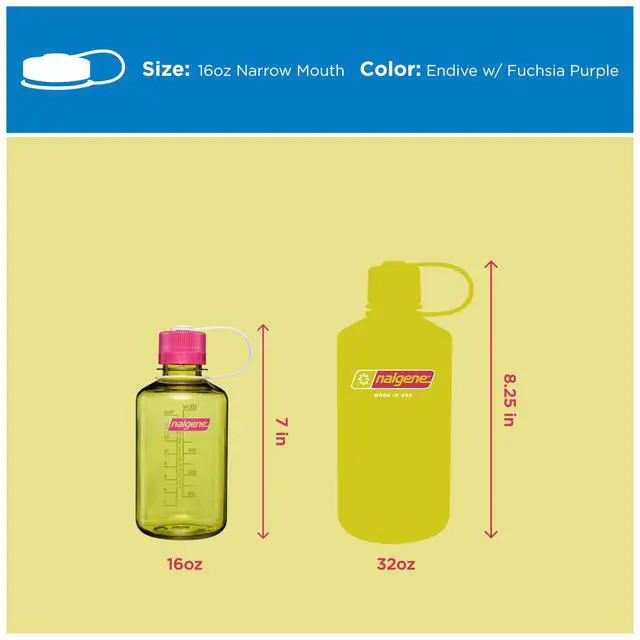 Alt view image 5 of 6 - Nalgene 16 oz Narrow Mouth Water Bottle | Slim Cup Holder Size, BPA-Free, Durable Leak Proof Travel Bottle Thrill & Motion, Endive w/Fuschia