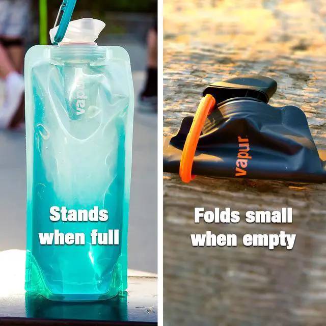Alt view image 3 of 6 - Vapur Collapsible Water Bottle With Carabiner, Compact Bottle Folds Flat For Hydration On The Go, Ideal for Traveling, Hiking or Camping, 34 Ounce, Blackout, Pack of 2