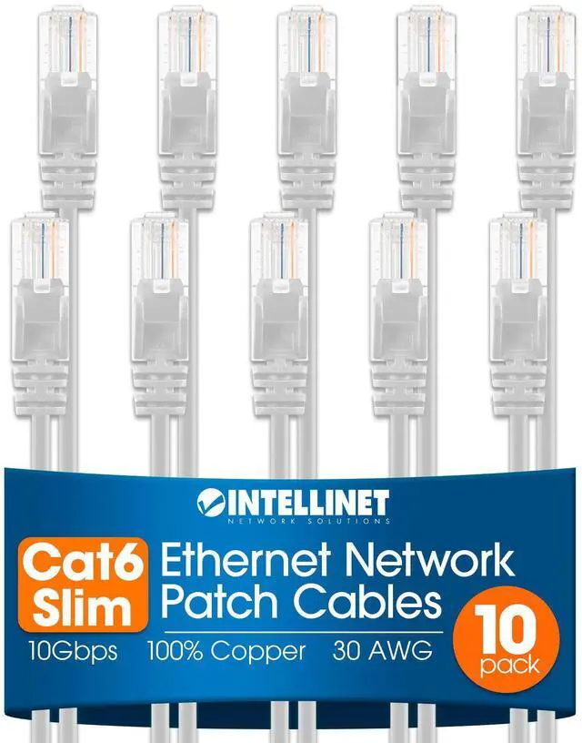 Main image of Slim Cat6 Ethernet Network Patch Cable 10-Pack - 10Gbps & 250MHz, Snagless Boot, 30AWG Pure Bare Copper Wire, Gold-Plated Contacts, Lifetime Mfg Warranty - 1ft, 10 Pack, White