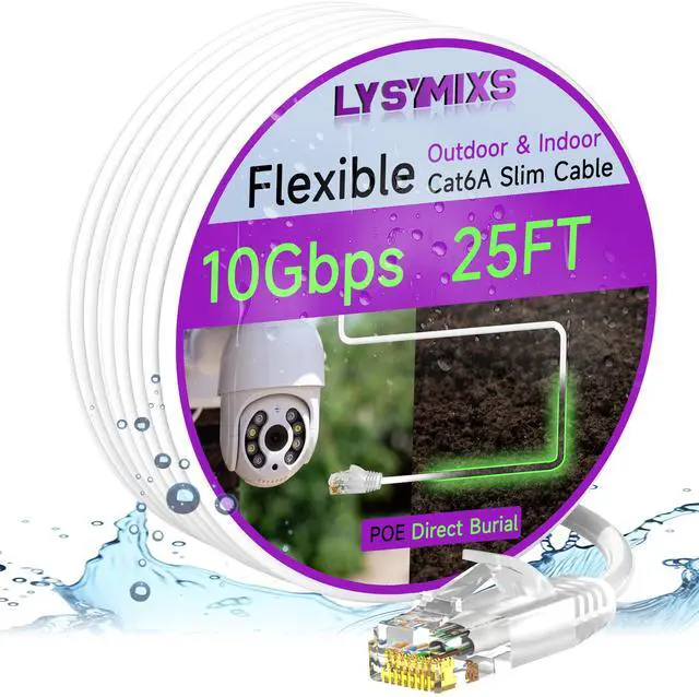 Main image of Lysymixs Cat6a Slim Ethernet Patch Cable 25ft Indoor & Outdoor, Flexible 10G Cat6 Internet Network Cable Waterproof LLDPE UV Jacket, Pure Copper Cat 6 Ethernet Cable for POE, White